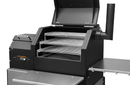 The Yoder Smokers YS640 3-Tier Wire Smoking Rack offers generous vertical cooking space in a black outdoor pellet smoker, featuring an open lid, digital control panel, smokestack, and sturdy metal side shelves.