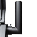 A close-up of a black metal smokestack attached to the Yoder Smokers YS640S Competition Pellet Grill with Wire Shelves, with part of the grill lid visible, highlighting its promise of authentic wood-fired flavor.