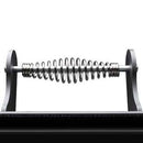 A close-up of a metal spring mounted between two vertical supports, echoing the robust design of the Yoder Smokers YS640S Competition Pellet Grill with Wire Shelves, by Yoder Smokers, on a plain white background.