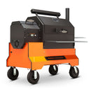 The Yoder Smokers YS640S Competition Pellet Grill with Wire Shelves is a modern orange and black outdoor smoker featuring a chimney, control panel, and easy mobility for backyard cooking with authentic wood-fired flavor.