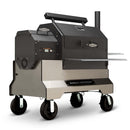 The Yoder Smokers YS640S Competition Pellet Grill with Wire Shelves features a black and silver design, four sturdy wheels, side handles, a left-side control panel, and delivers authentic wood-fired flavor.