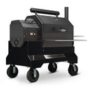 The Yoder Smokers YS640S Competition Pellet Grill with Wire Shelves features a digital control panel, side shelf, and chimney—ideal for easy mobility and rich wood-fired flavor in backyard or competition cooking.