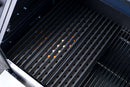 Close-up of a clean, empty metal grill grate on a Yoder Smokers YS640 with flames visible through the holes, showing direct flame grilling with the Yoder Smokers YS640 Two-Piece Heat Diffuser removed for high-heat cooking.