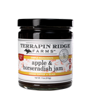 Terrapin Ridge Farms Apple and Horseradish Jam is a gluten-free savory jam in an 11 oz (312g) glass jar with a black lid, ideal for pork or as a gourmet cheese board spread.