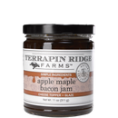 A glass jar of Terrapin Ridge Farms Apple Maple Bacon Jam (11 oz/311 g), perfect as a cheese topper or glaze. Made with simple ingredients, it's ideal for charcuterie boards. Features a black lid.