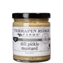 A glass jar of Terrapin Ridge Dill Pickle Mustard by Terrapin Ridge Farms, with a black lid and white label displaying the product name, ingredients, and a gluten-free statement.