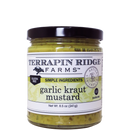 Terrapin Ridge Farms Garlic Kraut Mustard comes in an 8.5 oz (241g) glass jar with a black lid. This yellow-green, gluten-free mustard features “Simple Ingredients” and offers a tangy, savory flavor.