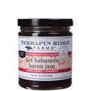 A 10.5 oz (297g) jar of Terrapin Ridge Farms Hot Habanero Bacon Jam with a black lid. This gluten-free, sweet and spicy jam made with real bacon is perfect as a cheese topper, condiment, or charcuterie board addition.