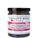 Terrapin Ridge Farms Hot Pepper Berry Bacon Jam, a gluten-free savory spread and cheese topper, comes in a 10.5 oz (297g) glass jar with berry illustrations on the label.