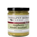 A glass jar of Terrapin Ridge Farms Raspberry Wasabi Mustard with a black lid and light green label, containing 8.5 oz (241g) of this unique sweet heat mustard.