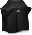 The Napoleon Grills Rogue 365 Series Grill Cover Shelves Up (61365) is a black, weather-resistant cover with logo, side handles, and buckle straps for secure fit on Rogue 365 grills with shelves up.