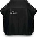 The Rogue 365 Series Grill Cover Shelves Up (61365) by Napoleon Grills fits securely over a Rogue 365 barbecue with shelves up, featuring a black design and the white Napoleon logo on the front.