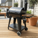 A BBQ Boards® Pit Boss 700DX Side Cutting Board is attached to a black pellet grill with a chimney and wheels, placed on a wooden deck near potted plants and outdoor furniture in the backyard.