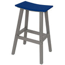 The Kanyon Living Poly Lumber Saddle Stool Bar Height in Blue and Light Grey features a curved blue seat, backless design, sturdy angled legs with support bars—ideal for stylish coastal outdoor seating.