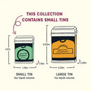 Illustration of small and large tins with dimensions and liquid volume labels on a white background.