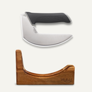 The NULU Inc. Knife and Dock Bundle is displayed above a wooden countertop storage dock, both showcasing the NULU logo, with the ergonomic, curved stainless steel blade and black handle of the knife highlighted against a plain background.
