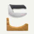 The NULU Knife and Dock Bundle by NULU Inc. features an ergonomic curved stainless steel kitchen knife with a black textured handle, paired with a matching wooden stand—both marked with the NULU logo—making it an ideal countertop storage solution for your culinary space.
