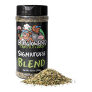 A plastic shaker bottle of BuffalowBBQ Signature Blend BBQ Rub with a pile of the spice blend in front of it.