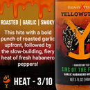 A bottle of Elijah's Xtreme Sins of the Father (Garlic Habanero) sauce from Elijah's Xtreme is displayed, with text highlighting its roasted garlic and habanero flavor and a moderate heat rating of 3/10. The label features a buffalo and vibrant orange sauce drips, marking it as an official Yellowstone collectible perfect for fans seeking bold flavor and adventure.