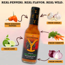 A bottle of Elijah’s Xtreme Sins of the Father (Garlic Habanero) hot sauce, an official Yellowstone collectible, is surrounded by illustrations of fresh habanero peppers, garlic, lime, carrots, and onions on a tan background, with bold text above reading, “REAL PEPPERS. REAL FLAVOR. REAL WILD.”.