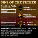A nutrition label for Elijah's Xtreme Sins of the Father (Garlic Habanero) hot sauce highlights its standout features: made with natural ingredients, vegan, gluten-free, and free from MSG or extracts. This garlic habanero hot sauce from Elijah's Xtreme features habanero, garlic, carrot, onion, along with various acids and spices on a dark background—ideal for those seeking bold flavor in an official collectible item.