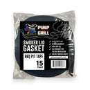 A roll of black Pimp My Grill Smoker Gasket Seals Self-Adhesive High Temp Sealing, Grill Gaskets Tape 15ft in clear plastic packaging with a product label detailing its dimensions and features.