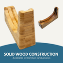 Two wooden phone stands—one crafted from bamboo and the other from acacia—are displayed on a white and blue background, accompanied by text that reads “SOLID WOOD CONSTRUCTION Available in Bamboo and Acacia.” Designed to complement your countertop storage solutions just like the NULU Knife and Dock Bundle from NULU Inc., these sturdy stands bring both functionality and style to any space.