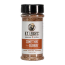 A clear plastic spice shaker containing B.T. Leigh’s Sweet & Savory BBQ Rub, featuring a label with a man’s portrait and the text Somethin for Rubbin.