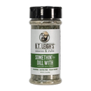 A plastic shaker bottle of B.T. Leigh’s Zesty Dill Lemongrass Seasoning filled with a green herb blend, featuring a label that reads Somethin to Dill With zesty dill spice blend.