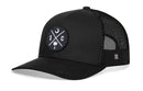The Haka Hat South Carolina Trucker Hat | Black SC X Snapback features a round front patch with a crescent moon, palm tree, and S & C letters, plus breathable mesh back panels—perfect for South Carolina fans.