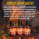 Three bottles of Blazing Star BBQ Spicy Sauce from Blazing Star BBQ are showcased in front of a flaming grill with sizzling burgers, highlighted by bold promotional text that emphasizes the sauce’s intense, fiery flavor—perfect for anyone seeking a bold and flavorful BBQ sauce experience.