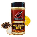 A package of DDR BBQ Supply Top 10 Store-Bought BBQ Brisket Rubs Variety Pack. This assortment of flavorful brisket seasonings, ideal for anyone looking for the best in BBQ brisket rubs, is displayed alongside a slice of orange, a spoonful of black pepper, and a spoonful of salt.