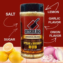 Butcher BBQ steak and brisket rub with lemon, garlic, and onion on a red background