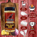 Butcher BBQ steak and brisket rub bottle on a wooden background with illustrations of ingredients and cooking methods.
