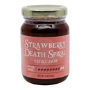 A 4 oz (113g) jar of Powerful Pepper Company’s Powerful Pepper Strawberry Death Spiral Chili Jam—made with the fiery Death Spiral Pepper—features a pink label, gold lid, and a Heat Level 8/10 rating displayed.