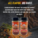 Two Blazing Star BBQ Sugar Free Bundle jars from Blazing Star BBQ are pictured in front of mouthwatering grilled meat and veggies. Bold yellow text proclaims: ALL FLAVOR. NO GUILT. The scene is set with tempting barbecue fare and striking labels that highlight these sugar free and gluten free BBQ seasonings—ideal for delivering bold taste with zero compromise.