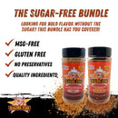 Displayed are two bottles of Blazing Star BBQ seasonings, emphasizing the Blazing Star BBQ Sugar Free Bundle. The packaging highlights features such as MSG-free, gluten-free, no preservatives, and quality ingredients—all showcased in a vibrant design with check marks. Enjoy versatile flavor with this keto-friendly, sugar free BBQ rub and seasoning from Blazing Star BBQ—perfect for healthy grilling.