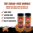 Displayed are two bottles of Blazing Star BBQ seasonings, emphasizing the Blazing Star BBQ Sugar Free Bundle. The packaging highlights features such as MSG-free, gluten-free, no preservatives, and quality ingredients—all showcased in a vibrant design with check marks. Enjoy versatile flavor with this keto-friendly, sugar free BBQ rub and seasoning from Blazing Star BBQ—perfect for healthy grilling.