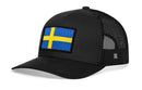 The Haka Hat Swedish Flag Trucker Hat is a black mesh snapback by Haka Hat, featuring a Sweden patch with the yellow Nordic cross on blue—perfect for any Swedish flag fan.