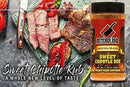 Sliced grilled steak and roasted red peppers on a stone board, next to a bottle of Butcher BBQ Sweet Chipotle BBQ Seasoning. Text: Butcher BBQ brings smoky sweet heat—take your taste buds to a whole new level!.