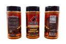 Three bottles of Butcher BBQ Sweet Chipotle BBQ Seasoning display the label, nutrition, and ingredients on a reddish-brown rub that brings smoky sweet heat to your favorite dishes.