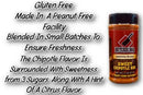A bottle of Butcher BBQ Sweet Chipotle BBQ Seasoning is shown beside text highlighting this gluten-free, peanut-free blend from Butcher BBQ, made in small batches with smoky-sweet heat, citrus notes, and three types of sugar.