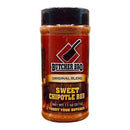 A container of Butcher BBQ Sweet Chipotle BBQ Seasoning by Butcher BBQ, 11 oz, sports a red label with a meat cleaver logo and “Trust Your Butcher”—ideal for adding smoky-sweet chipotle flavor to your barbecue recipes.