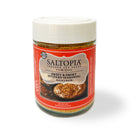 A 4 oz jar of SALTOPIA Infused Sea Salts' MACK'S BACK Smoky Sweet Mustard Seasoning features a red label and food images. This low sodium blend is perfect for healthy cooking with bold smoky, sweet mustard flavor.