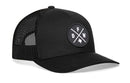 The Haka Hat Dallas-Fort Worth Trucker Hat is a black mesh-back snapback with a round DFW X patch, featuring D, F, W letters and a small white shape—ideal for Dallas-Fort Worth trucker hat fans.