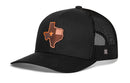The Haka Hat Texas Flag Trucker Hat features a black mesh back, orange state outline, star, and flag design on the front. This leather cut-to-shape snapback from Haka Hat offers a curved brim for both style and comfort.