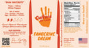 Culture Hot Sauce Tangerine Dream label: designed in orange with a handprint logo, chili pepper icons, product details, nutrition facts, serving suggestions, and storage instructions. Features the Culture Hot Sauce signature, website, and QR code on a beige background. Inspired by citrus hot sauce blends.