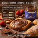 Toast topped with Taycte Taycte Organic Hazelnut Cocoa Cream sits next to a jar of spread, fresh strawberries, a croissant, and cocoa beans on a wooden table, with flavor notes and texture descriptions displayed around the food.