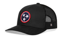 The Haka Hat Tennessee Flag Trucker Hat | Black TN Snapback features a black mesh back, circular patch with three white stars on a blue background outlined in red, inspired by the Tennessee flag. Brand: Haka Hat.