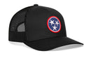 The Haka Hat Tennessee Flag Trucker Hat (Black TN Snapback) by Haka Hat features a black mesh snapback and a circular patch with three white stars on blue, outlined in red, inspired by the Tennessee flag.